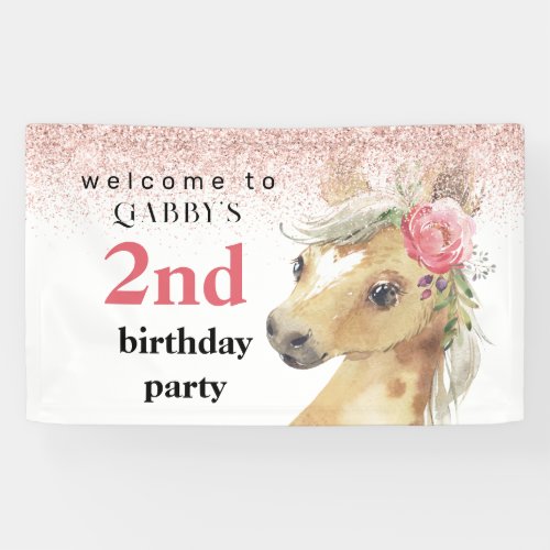 2nd Birthday Watercolor Pink Pony Party Banner