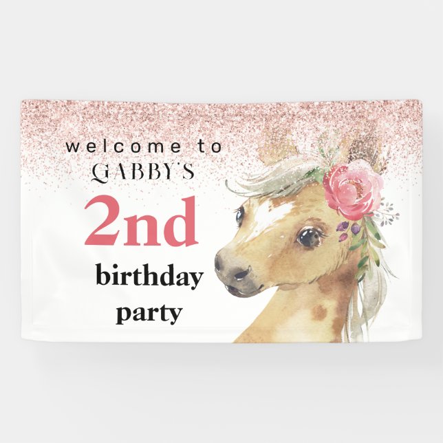 2nd Birthday Watercolor Pink Pony Party Banner (Horizontal)