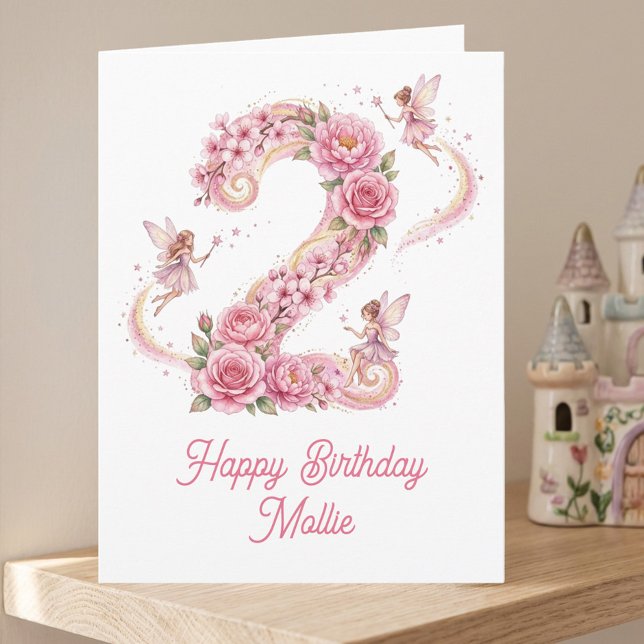 2nd Birthday Whimsy Number Two Fairy Card (Fairy 2nd birthday card, pink floral number two with fairies and magic wand dust)