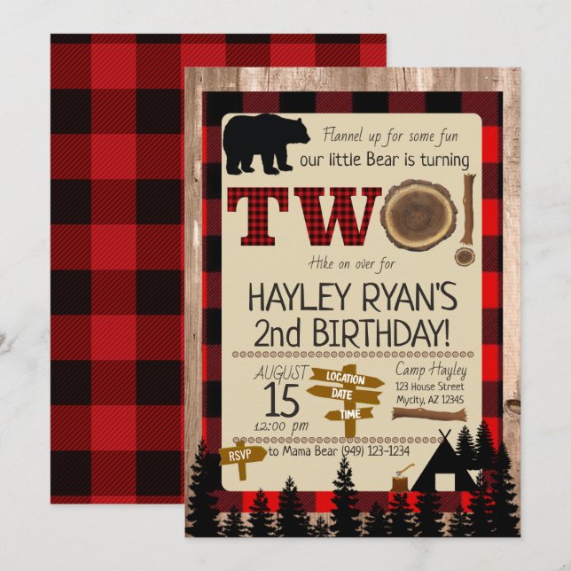 2nd Birthday Wild One Flannel Little Bear Theme Invitation (Front/Back)