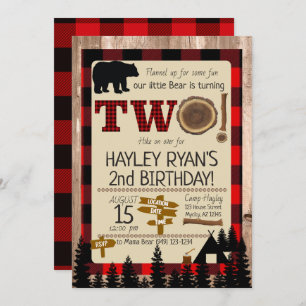 2nd Birthday Wild One Flannel Little Bear Theme Invitation
