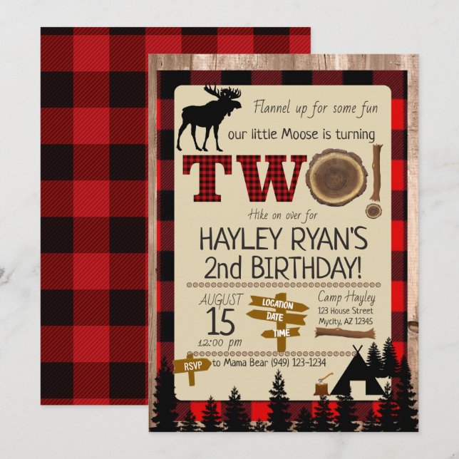 2nd Birthday Wild One Flannel Little Moose Theme Invitation (Front/Back)