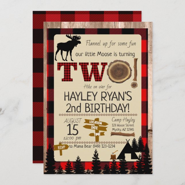 2nd Birthday Wild One Flannel Little Moose Theme Invitation (Front/Back)