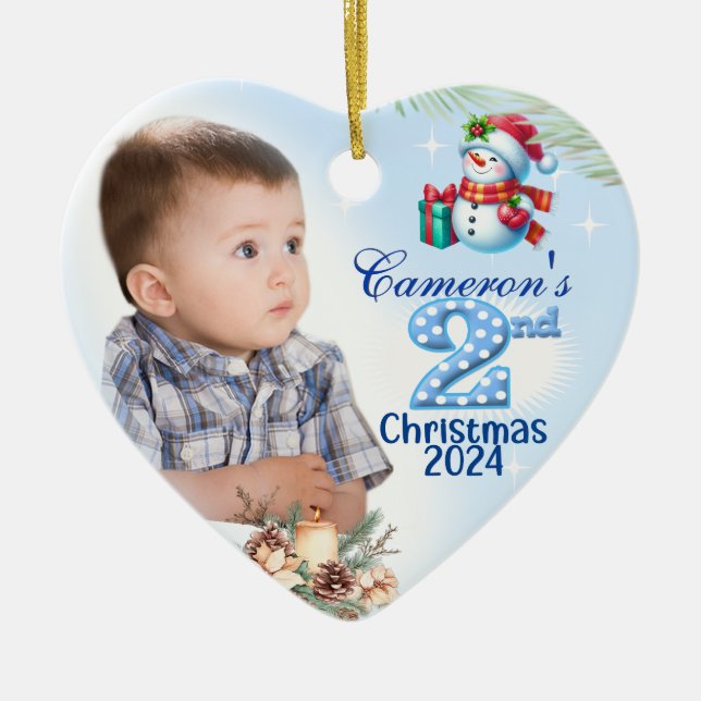 2nd Christmas Personalized Boy's Photo Heart Gift Ceramic Ornament (Front)