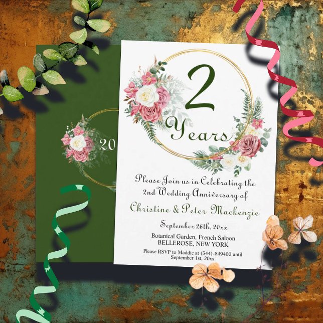 2nd Cotton Wedding Anniversary Roses Gold Frame Invitation (Creator Uploaded)