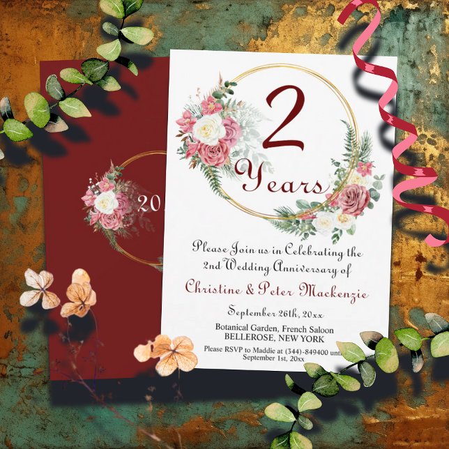 2nd Cotton Wedding Anniversary Roses Gold Frame Invitation (Creator Uploaded)