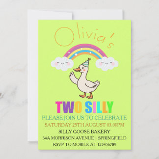2nd Cute Rainbow Clouds And Silly Goose Birthday Invitation