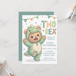 2nd Dino Birthday Party Cute Teddy Bear Dinosaur Invitation
