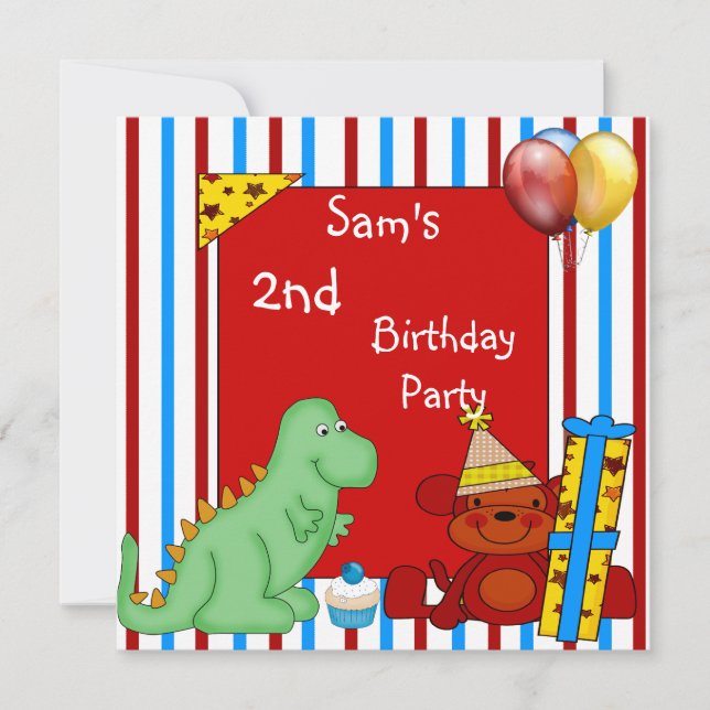 2nd Dinosaur Cupcake Balloon Stripe Birthday Red Invitation (Front)