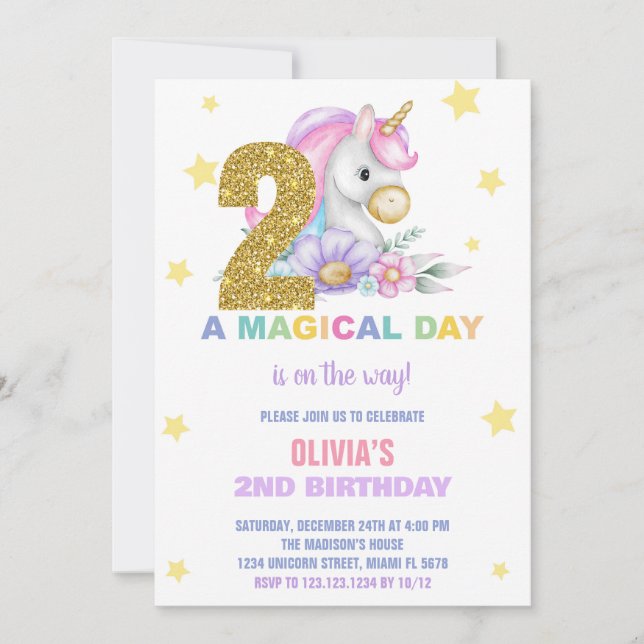 2nd Floral Unicorn Birthday Invitations (Front)
