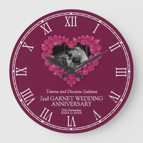 2nd garnet photo heart wedding anniversary large clock