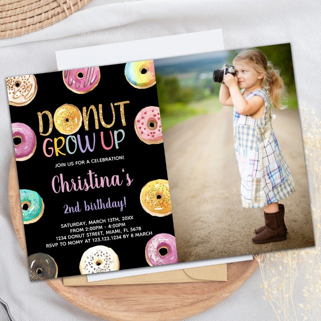 2nd Golden Glitter Photo Donut Birthday Invitation (2nd Golden Glitter Photo Donut Birthday Invitation)