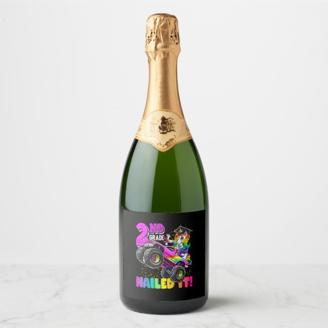2nd Grade Nailed It Unicorn Monster Truck Graduati Sparkling Wine Label (Front)