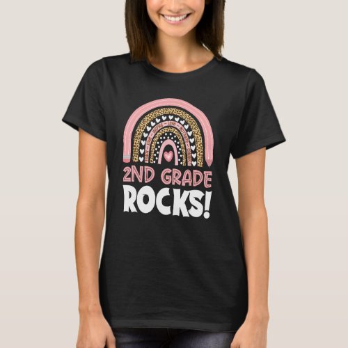 2nd Grade Rocks Teacher Girls Boys Rainbow Leopard T_Shirt