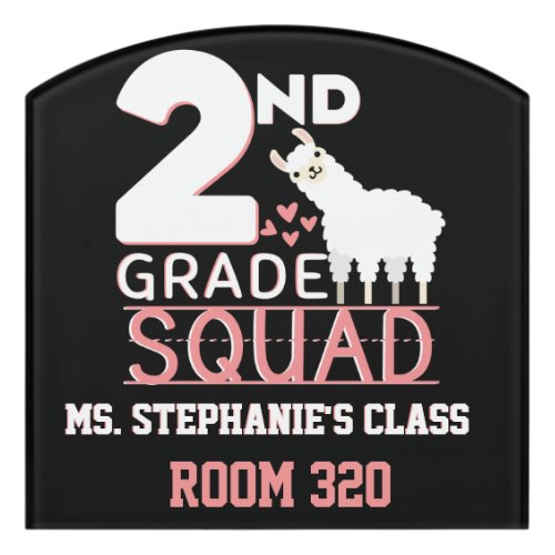 2nd Grade Squad  Cute Pink  White Llama Door Sign