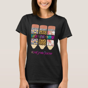 2nd Grade Teacher Teach Love Inspire Pencil Leopar T-Shirt