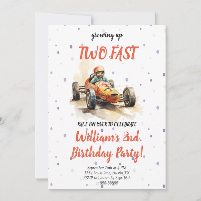 2nd Growing Up Two Fast Race Car Second Birthday Invitation (Front)