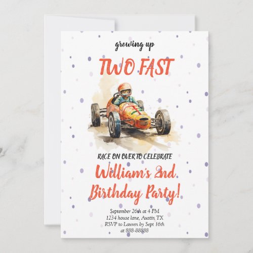 2nd Growing Up Two Fast Race Car Second Birthday Invitation