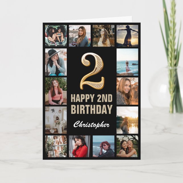 2nd Happy Birthday Black and Gold Photo Collage Card (Front)