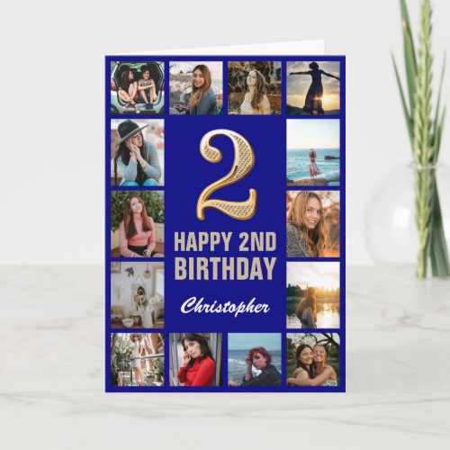 2nd Happy Birthday Navy Blue  Gold Photo Collage Card