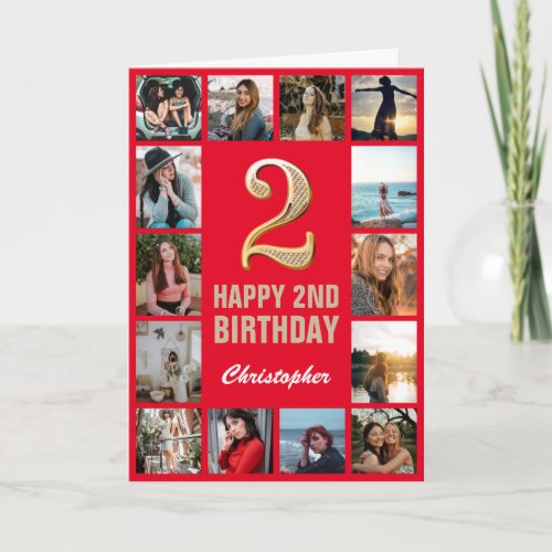 2nd Happy Birthday Red and Gold Photo Collage Card