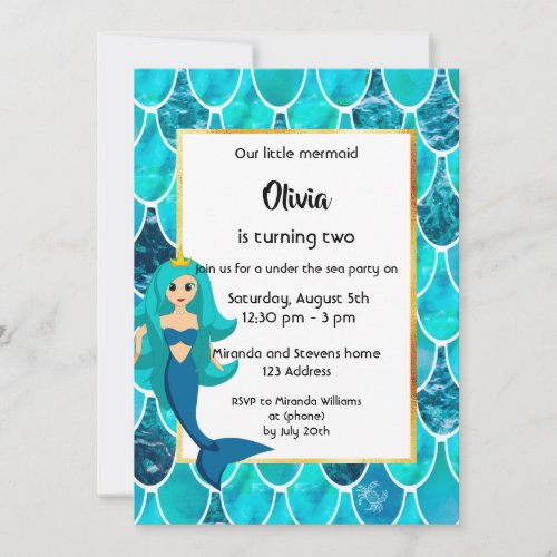 2nd Mermaid Birthday party invitation turquoise