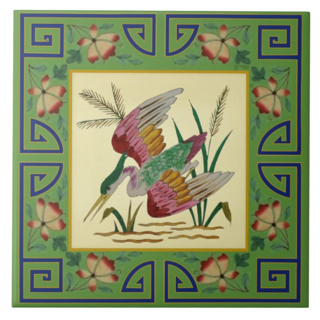 2nd of Pair Minton Jade Asian Aesthetic Bird Repro Ceramic Tile (Front)