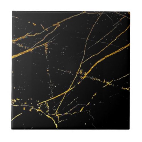 2nd of Set of 4 Gold Veined Black Faux Marble Ceramic Tile