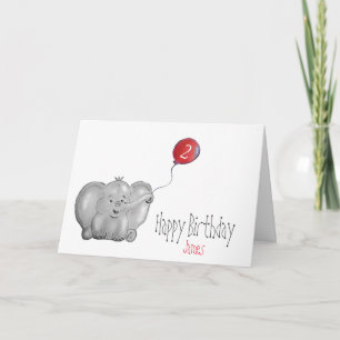 2nd or any birthday elephant with red balloon card