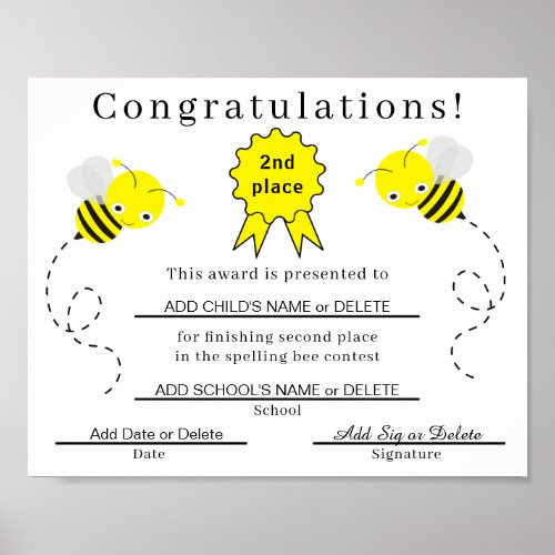 2nd Place Spelling Bee Certificate for Kids Poster