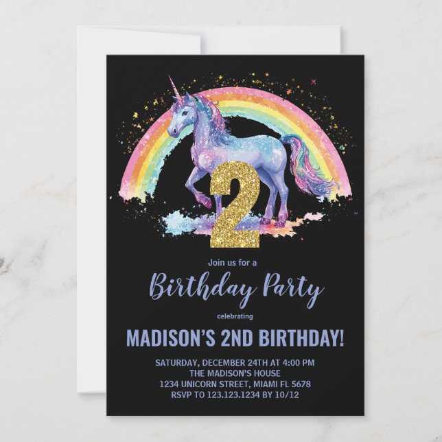 2nd Rainbow Unicorn Birthday Invitations (Front)