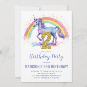 2nd Rainbow Unicorn Birthday Invitations
