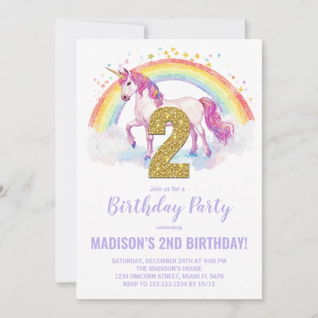 2nd Rainbow Unicorn Birthday Invitations (Front)