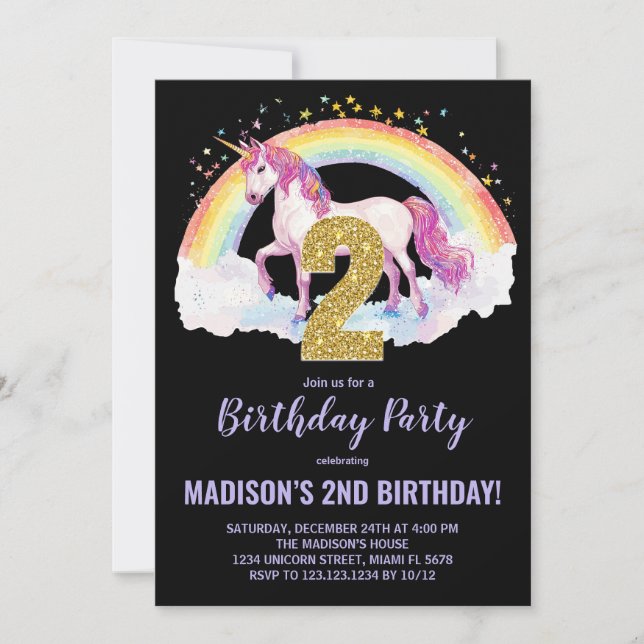 2nd Rainbow Unicorn Birthday Invitations (Front)