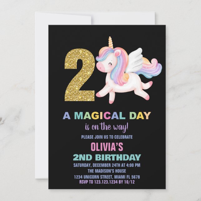 2nd Rainbow Unicorn Birthday Invitations Black (Front)