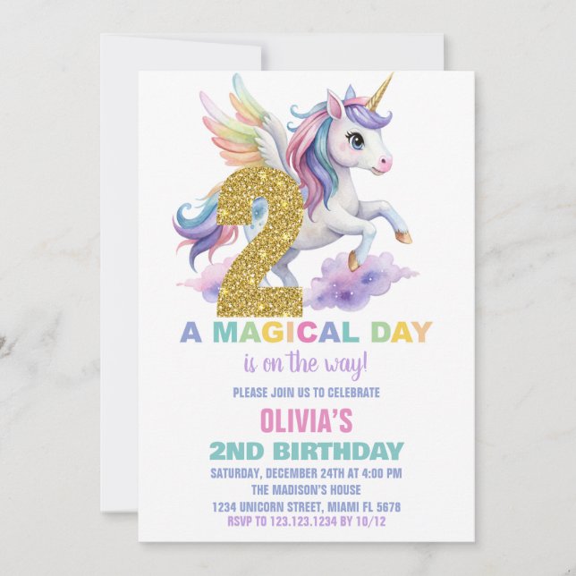 2nd Rainbow Unicorn Birthday Invitations Fly (Front)