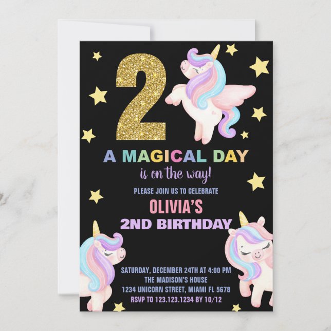 2nd Rainbow Unicorn Birthday Invitations Fly (Front)