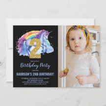 2nd Rainbow Unicorn Birthday Invitations photo