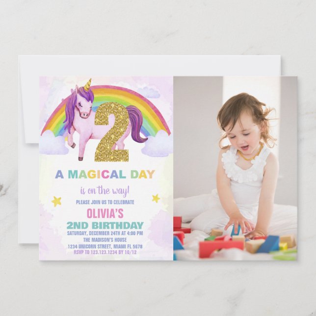 2nd Rainbow Unicorn Birthday Invitations photo (Front)