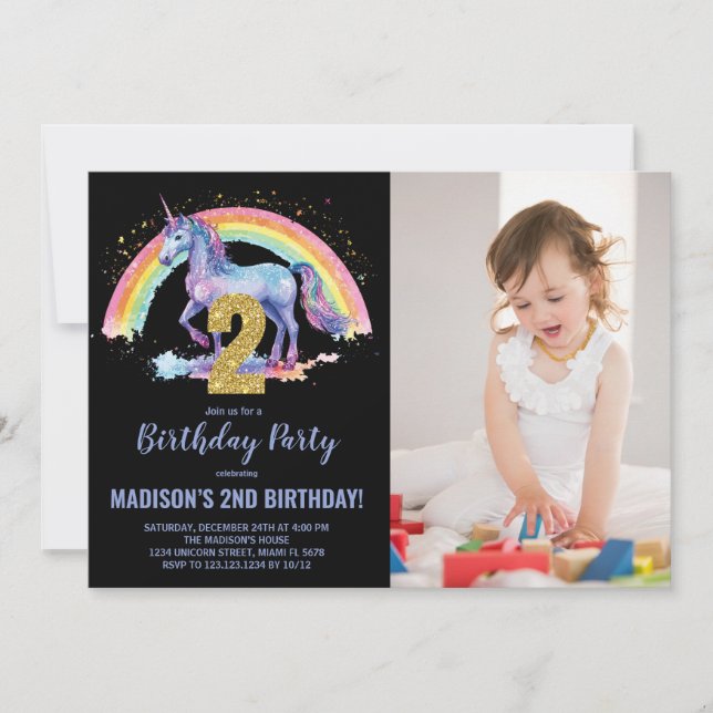 2nd Rainbow Unicorn Birthday Invitations photo (Front)