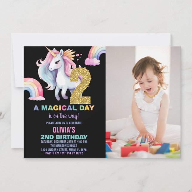 2nd Rainbow Unicorn Birthday Invitations w photo (Front)