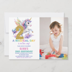 2nd Rainbow Unicorn Birthday Invitations w photo