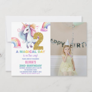 2nd Rainbow Unicorn Birthday Invitations w photo