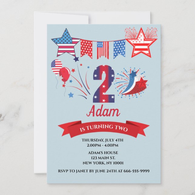 2nd Second Birthday Boy Girl 4th July Fourth Invitation (Front)