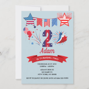 2nd Second Birthday Boy Girl 4th July Fourth Invitation