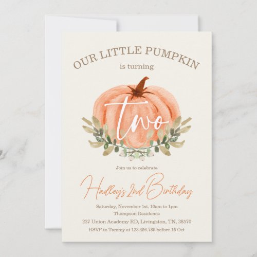 2nd Second Birthday Little Pumpkin Fall  Autumn   Invitation