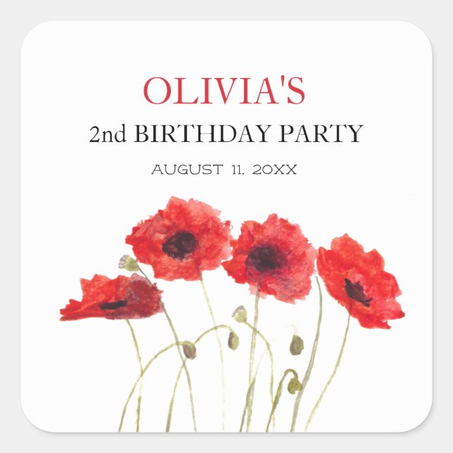 2nd Second Birthday Party Poppies Baby Girl Square Sticker (Front)