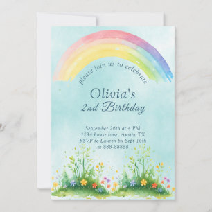 2nd Summer Watercolor Rainbow Blue Sky Birthday Invitation