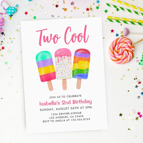 2nd Two Cool Sweet Colorful Ice Pops Girl Birthday Invitation