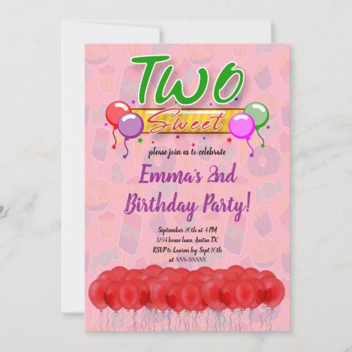 2nd Two Sweet Birthday Cute Pink Girl Birthday Invitation